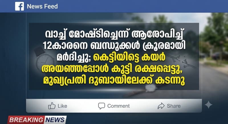 വാച്ച് മോഷ്ടിച്ചെന്ന് ആരോപിച്ച് 12കാരനെ ബന്ധുക്കൾ ക്രൂരമായി മർദിച്ചു; കെട്ടിയിട്ട കയർ അയഞ്ഞപ്പോൾ കുട്ടി രക്ഷപ്പെട്ടു, മുഖ്യപ്രതി ദുബായിലേക്ക് കടന്നു